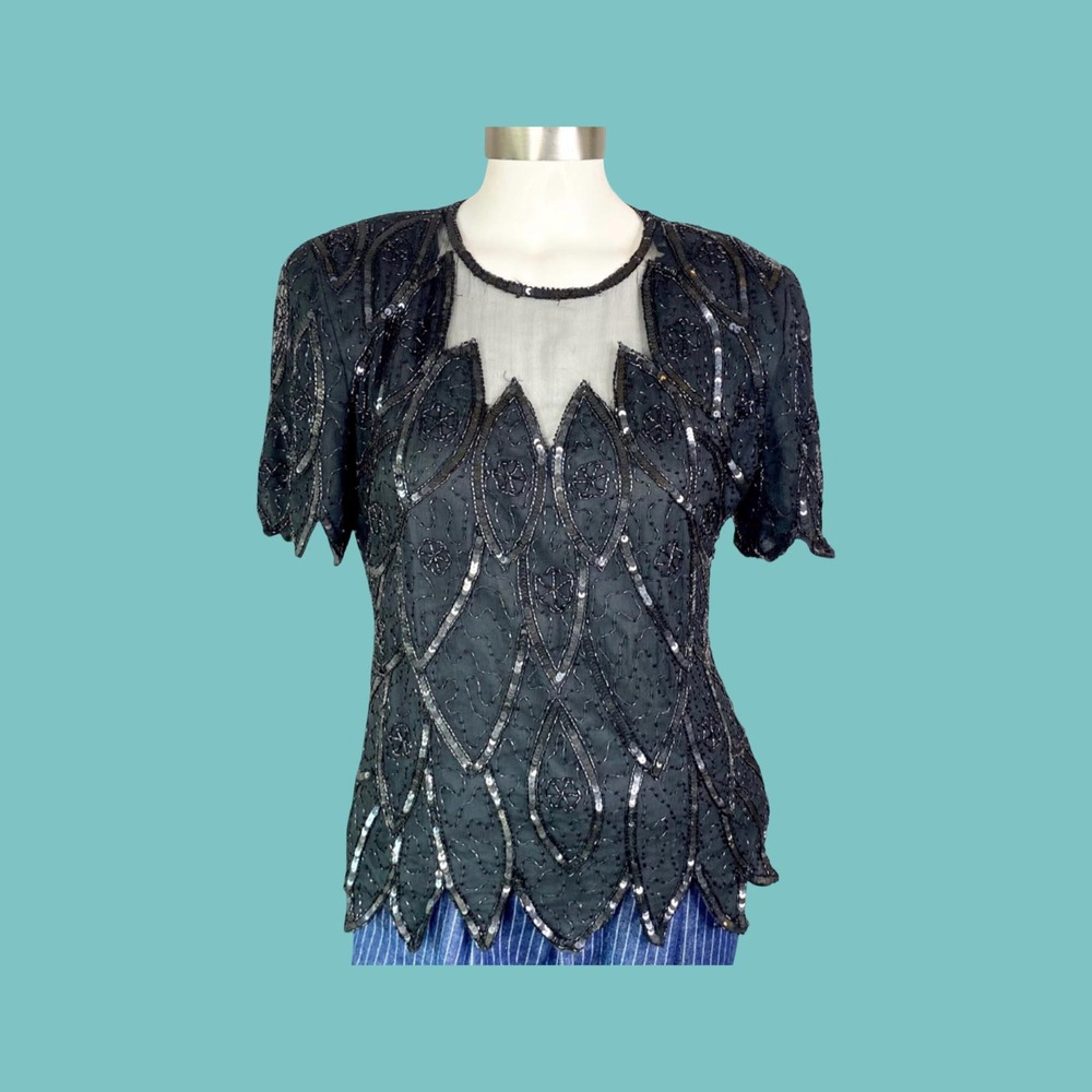 Vintage‎ 100% Silk Black Sequin Top, Beaded Embellished, Size Medium